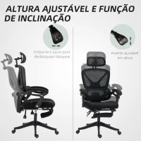 HOMCOM Cadeira de Escritório de Malha com Apoio para a Cabeça Suporte Lombar Apoio para os Pés Função de Inclinação 71x70x109-119 cm Preto(m-9)