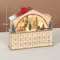 HOMCOM Calendário do Advento em Madeira com Luzes LED e 24 Gavetas Cena de Vila Decoração Natalícia 36x10x34 cm Madeira(m-3)