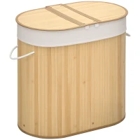 HOMCOM Cesto de Roupa Suja de Bambu 100L com 2 Compartimentos e Forro Removível 62,5x37x60,5 cm Madeira(m-10)