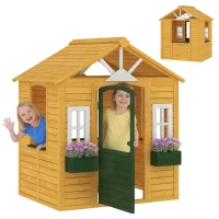 AIYAPLAY Outdoor Kids Playhouse, Wooden Wendy House with Door, 3 Windows, 2 Flower Boxes for Garden, Indoor Playroom(m-10)
