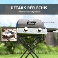 Outsunny Barbecue gaz transportable, 2 brûleurs 5,6 kW, barbecue gaz de camping avec étagères latérales thermomètre et roues, noir(m-7)