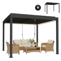 Outsunny Pergolă 3x3 m acoperiș terasă din aluminiu cu iluminare LED, telecomandă, acoperiș cu lamele reglabil(m-11)