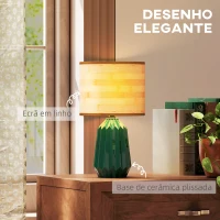 HOMCOM Candeeiro de Mesa com Base de Cerâmica e Ecrã de Linho Estilo Retro com Interruptor E27 40W Verde e Madeira(m-4)