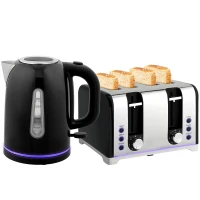 HOMCOM Kettle and Toaster Set, 1.7L 3000W Rapid Boil Jug Kettle with Otter Thermostat, Limescale Filter, 4 Slice Toaster with 7 Browning Controls, Crumb Tray, LED Strip, Black(m-10)