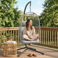 Outsunny Hanging Egg Chair, Indoor Outdoor Hammock Swing Chair with Stand, Safety Strap, Foldable Basket, Light Grey(m-8)