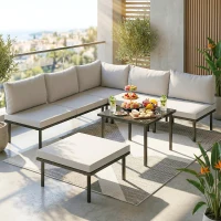 Outsunny Conjunto de Jardim Exterior de 6 Peças com Sofá de 2 Lugares, Módulo de Canto, 2 Assentos, Apoio para Pés e Mesa de Vidro, Cinzento Claro(m-2)