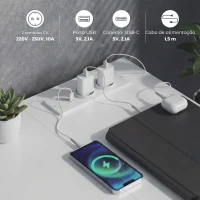 HOMCOM Secretária de Canto Reversível com 6 Gavetas 126x48 cm com Tomada de Energia Porta USB e USB-C Branco(m-5)