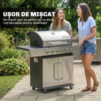 Outsunny Grătar pe Gaz, 6 Arzătoare, Arzător Lateral, Grilaj din Fontă, Dulap Inclus(m-8)