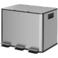 HOMCOM 3 x 20L Pedal Bin, Steel Triple Kitchen Bin with Soft Close Lid, Removable Inner Buckets, Fingerprint-Proof, Silver Tone(m-11)