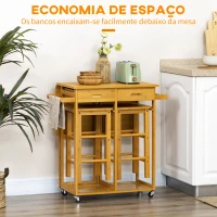 HOMCOM Conjunto de Mesa Alta de Bar e 2 Bancos Mesa de Cozinha Alta em Bambu com Rodas Tampo Dobrável  Madeira(m-7)