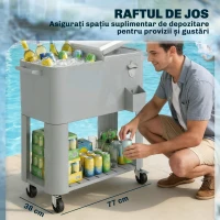 Outsunny Frigider de Grădină de 76L, Cărucior Portabil cu Raft, Deschizător de Sticle, Roți Blocabile, Recipient pentru Capace, Portabil pentru Băuturi, Bar, Grădină, Petreceri, Argintiu(m-7)