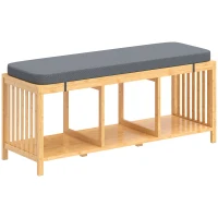 HOMCOM Bamboo Shoe Bench, Entryway Storage Bench with Padded Cushion and Open Shelf, Natural Wood Finish(m-1)