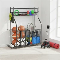 SPORTNOW Organizador de Equipamentos Desportivos com Cesta Ganchos Removíveis e Faixas Elásticas Suporte para Bolas 92x42x109 cm Preto(m-9)