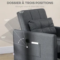 HOMCOM Fauteuil convertible 1 place 3 en 1 dossier réglable en 3 positions oreiller inclus 2 poches latérales 69x82x85cm gris(m-5)