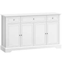 HOMCOM Buffet da cucina con 3 cassetti, 4 ante a chiusura ammortizzata e ripiani regolabili, 136x38x80 cm, bianco(m-1)