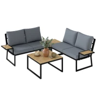 Outsunny Conjunto de muebles de jardín en L, juego metálico para 4 personas, lounge con sofá de 2 plazas y cojines, 2 mesas auxiliares apilables, Teak(m-6)