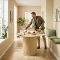 HOMCOM Mesa de comedor redonda para 5 personas, Ø 120 x 76 cm, mesa de cocina con base cilíndrica acanalada, madera natural(m-4)