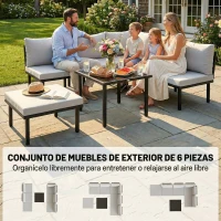 Outsunny Conjunto de Jardín Exterior de 6 Piezas con Sofá 2 Plazas Módulo de Esquina 2 Sillones Reposapiés Mesa de Vidrio Gris(m-4)