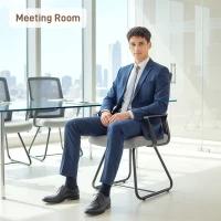 HOMCOM Desk Chair No Wheels, Office Chair with Mesh Back, Lumbar Support, Metal Base for Waiting Room, Conference Room, Dark Grey(m-7)