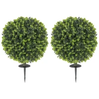 HOMCOM Set of 2 40 cm Artificial Boxwood Topiary Ball Bush with Integrated Ground Stake, Indoor Outdoor UV Resistant Faux Greenery, Faux Plants for Garden, Porch, Balcony(m-11)
