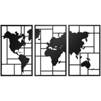 HOMCOM Decoração de Parede em Metal com Mapa Múndi Conjunto de 3 Peças Quadros de Parede Metálicos Preto