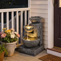Outsunny Springbrunnen 3-stufig Gartenbrunnen mit LED Beleuchtung Pumpe Steinoptik, Verstellbar 40 x 37 x 61 cm(m-9)