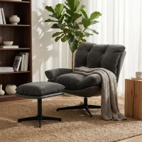 HOMCOM Accent Chair with Footstool, Swivel Lounge Chair with Chenille Upholstery, Metal Base, Dark Grey(m-2)