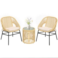 Outsunny Conjunto Bistrô 3 Peças em Rattan e Aço com 2 Cadeiras, Mesa Redonda com Tampo em Vidro Temperado, Bege(m-6)