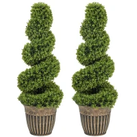 HOMCOM Set of 2 Artificial Plants, Topiary Spiral Boxwood Trees with Pot, for Home Indoor Outdoor Decor, 90cm(m-10)