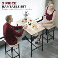 HOMCOM 3 Piece Breakfast Bar Table Set, Industrial Counter Height Table and 2 Bar Stools with Steel Frame for Kitchen, Dining Room, Living Room, Natural Wood Finish(m-4)