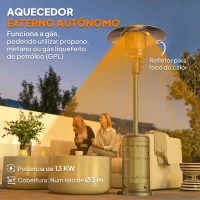 Outsunny Aquecedor a Gás 13 KW com Temperatura Ajustável Proteção Contra Tombos Ignição Piezoelétrica e Rodas 82x82x222 cm Cinzento(m-4)