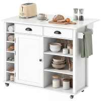 HOMCOM Isla de Cocina con Ruedas Tapa Abatible Especiero Toallero Armario 2 Cajones 117,5x70x91 cm Blanco(m-7)