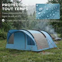 Outsunny Grande Tente Tunnel Camping 4 Personnes 3-4 Saisons Hauteur d'Homme 2 m Séjour XL 3,7 m Imperméable 3000mm Bleu(m-5)