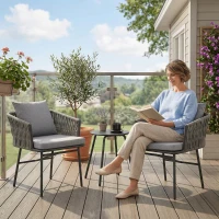 Outsunny 3-Piece Rattan Bistro Set, Garden Table and Chairs with 4 Cushions, Patio Rattan Conversation Furniture Set for Balcony, Porch, Terrace, Grey(m-8)