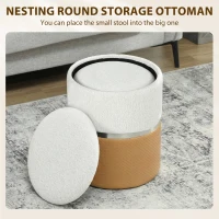 HOMCOM Nesting Round Ottoman with Storage Set of 2 - Cream/Brown(m-4)