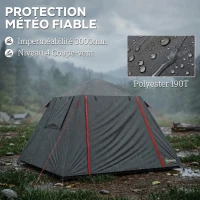 Outsunny Tente de Camping Dôme 2 Personnes 3-4 Saisons Imperméable 3000mm Montage Facile 2 Portes 210x210x150cm Gris Foncé(m-5)