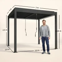 Outsunny Pérgola 3x3 m Cobertura de Terraço em Alumínio com Iluminação LED Controle Remoto Telhado de Lâminas Ajustável(m-3)