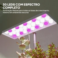 Outsunny Luz de Crescimento com 30 LED de Espectro Completo Ajustável em Altura com Temporizador Automático 8/12/16/24H 5 Níveis de Brilho e 3 Vasos 31,8x13,4x18,6-35,6 cm Branco(m-5)