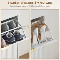 HOMCOM Meuble à chaussures 20 paires avec 4 tiroirs rabattables, portes cannelées et étagères réglables, 105x24x91,5cm, blanc(m-6)