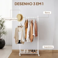 HOMCOM Charriot com Rodas 5 Ganchos Barra para Pendurar e Prateleira Inferior 68x43x171 cm Branco(m-4)