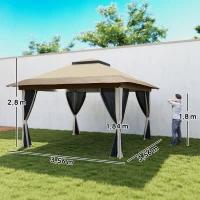 Outsunny Tenda Dobrável 3,6x3,6 m com Laterais de Rede UPF50+ Altura Ajustável Bolsa com Rodas e Sacos de Areia Bege(m-3)
