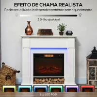 HOMCOM Lareira Elétrica com Efeito de Chama 3D e Tira de Luz LED RGB 1800W Temporizador  para 30 m² 105x27x97 cm Branca(m-4)