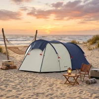Outsunny Tenda da Campeggio Tunnel per 4 Persone Impermeabile, con Zona Notte e Giorno, Finestre e Telo da Terra, Blu Marino e Crema(m-5)