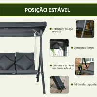 Outsunny Baloiço de Jardim Exterior de 3 Lugares com Toldo Ajustável e Estrutura de Aço 202x115x168 cm Cinzento Escuro(m-7)