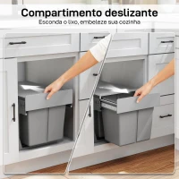 HOMCOM Balde de Lixo Embitido com 2 Recipientes Removíveis para Reciclagem Capacidade Total 30L (15Lx2) 48x34,3x35,1 cm Cinzento Claro(m-4)