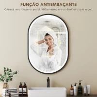 HOMCOM Espelho de Casa de Banho com Luz 60x90 cm Espelho de Parede Oval 3 Cores de Luz Brilho Regulável Função Antiembaçiamento Memória Preto(m-6)