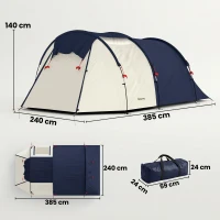 Outsunny Tenda da Campeggio Tunnel per 4 Persone Impermeabile, con Zona Notte e Giorno, Finestre e Telo da Terra, Blu Marino e Crema(m-3)