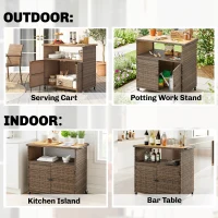 Outsunny Carrello Cucina con Piano, Ripiano, Ruote e Maniglia Laterale, in Rattan, 95x54x84 cm, Marrone(m-5)