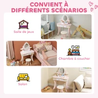 AIYAPLAY Coiffeuse enfant fille table de maquillage 2 en 1 avec 7 accessoires de jeu miroir en acrylique 59,8x29,6x89,8cm rose(m-9)