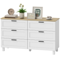 HOMCOM Commode 6 tiroirs, meuble de rangement avec pieds en bois de pin, style moderne, 120 x 38 x 71 cm, bois naturel et blanc